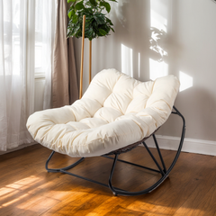 HAOYYE Oversized Rattan Papasan Chair Outdoor Steel Frame Wicker Rocking Seat with Thick Padded Cushion Comfortable Patio Porch Living Room Backyard Furniture Brown Wicker Beige Cushion