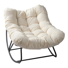 HAOYYE Oversized Rattan Papasan Chair Outdoor Steel Frame Wicker Rocking Seat with Thick Padded Cushion Comfortable Patio Porch Living Room Backyard Furniture Brown Wicker Beige Cushion