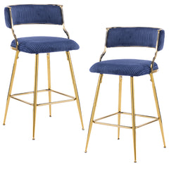 HAOYYE Set Of 2 Thick Corduroy Bar Stools With Gold-Plated Iron Feet, Blue Upholstered Counter Height Stools For Kitchen Island Breakfast Bar, Stylish And Durable Seating For Home And Commercial Use