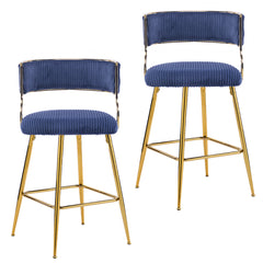 HAOYYE Set Of 2 Thick Corduroy Bar Stools With Gold-Plated Iron Feet, Blue Upholstered Counter Height Stools For Kitchen Island Breakfast Bar, Stylish And Durable Seating For Home And Commercial Use