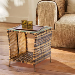 HAOYYE Glass Surface Rattan Side Table with Yellow Gradient Iron Frame Modern Boho Style Accent Table for Living Room Bedroom Patio Balcony Indoor Outdoor Use Decorative Round End Table with Durable and Stylish Design