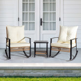 HAOYYE 3-Piece Rattan Patio Set With 1 Side Table And 2 Rocking Chairs Featuring Light Yellow Sparse Woven Backrest And Comfortable White Cushions, Durable Outdoor Furniture For Porch, Balcony, Or Garden