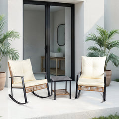 HAOYYE 3-Piece Rattan Patio Set With 1 Side Table And 2 Rocking Chairs Featuring Light Yellow Sparse Woven Backrest And Comfortable White Cushions, Durable Outdoor Furniture For Porch, Balcony, Or Garden