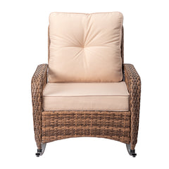 HAOYYE Rattan Rocking Chair with Sparse Backrest Brown PE Wicker Porch Rocker with Beige Cushions Comfortable Patio Rocking Armchair for Balcony Garden Living Room Indoor Outdoor Furniture