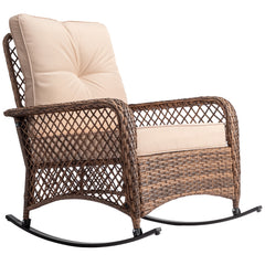 HAOYYE Rattan Rocking Chair with Sparse Backrest Brown PE Wicker Porch Rocker with Beige Cushions Comfortable Patio Rocking Armchair for Balcony Garden Living Room Indoor Outdoor Furniture