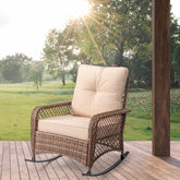 HAOYYE Rattan Rocking Chair with Sparse Backrest Brown PE Wicker Porch Rocker with Beige Cushions Comfortable Patio Rocking Armchair for Balcony Garden Living Room Indoor Outdoor Furniture
