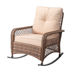 HAOYYE Rattan Rocking Chair with Sparse Backrest Brown PE Wicker Porch Rocker with Beige Cushions Comfortable Patio Rocking Armchair for Balcony Garden Living Room Indoor Outdoor Furniture