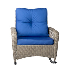 HAOYYE Rattan Rocking Chair with Sparse Backrest and Comfortable Blue Cushion, Grey PE Wicker Outdoor Patio Rocker Chair for Porch Balcony Garden or Indoor Lounge Seating Furniture