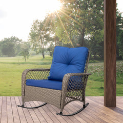 HAOYYE Rattan Rocking Chair with Sparse Backrest and Comfortable Blue Cushion, Grey PE Wicker Outdoor Patio Rocker Chair for Porch Balcony Garden or Indoor Lounge Seating Furniture