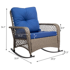 HAOYYE Rattan Rocking Chair with Sparse Backrest and Comfortable Blue Cushion, Grey PE Wicker Outdoor Patio Rocker Chair for Porch Balcony Garden or Indoor Lounge Seating Furniture