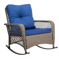 HAOYYE Rattan Rocking Chair with Sparse Backrest and Comfortable Blue Cushion, Grey PE Wicker Outdoor Patio Rocker Chair for Porch Balcony Garden or Indoor Lounge Seating Furniture