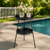 HAOYYE Patio Side Table Round Metal End Table with 2 Tiers Modern Outdoor Coffee Table Small Accent Table for Balcony Porch Living Room Bedroom Garden Durable and Stylish for Indoor Outdoor Use Black