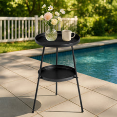HAOYYE Patio Side Table Round Metal End Table with 2 Tiers Modern Outdoor Coffee Table Small Accent Table for Balcony Porch Living Room Bedroom Garden Durable and Stylish for Indoor Outdoor Use Black