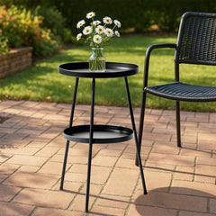 HAOYYE Patio Side Table Round Metal End Table with 2 Tiers Modern Outdoor Coffee Table Small Accent Table for Balcony Porch Living Room Bedroom Garden Durable and Stylish for Indoor Outdoor Use Black