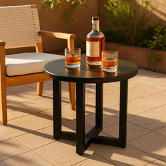 HAOYYE Outdoor Metal Round Side Table Weather Resistant Patio End Table with Stylish Black Finish Small Coffee Bistro Table for Balcony Porch Living Room Garden Backyard Indoor Outdoor Use Modern Minimalist Design