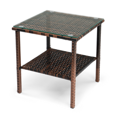 HAOYYE Square Rattan Side Table with Double Layer Glass Top, Modern Outdoor End Table with Brown Gradient PE Wicker and Steel Frame, Stylish Patio Coffee Table for Balcony Garden Deck or Poolside