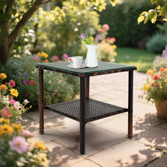 HAOYYE Square Rattan Side Table with Double Layer Glass Top, Modern Outdoor End Table with Brown Gradient PE Wicker and Steel Frame, Stylish Patio Coffee Table for Balcony Garden Deck or Poolside