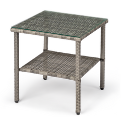 HAOYYE Square Double Layer Glass Top Rattan Side Table, Modern Gray Gradient Design, Stylish and Durable Outdoor and Indoor Accent Table for Living Room, Patio, Balcony, or Bedroom