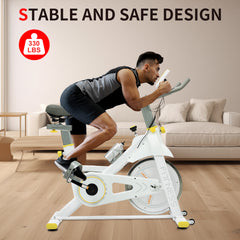 HAOYYE Yellow and White Indoor Exercise Bike Comfortable Seat Cushion Smooth Quiet Belt Drive Adjustable Handlebars and Resistance LCD Display with Tablet Holder for Home Cardio Fitness and Muscle Building