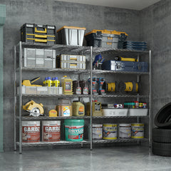 HAOYYE 5 Tier Double Row Chrome Plated Iron Display Shelf with Adjustable Shelves and Leveling Feet, Freestanding Heavy Duty Storage Rack for Home Office Retail Living Room Organization