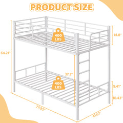 HAOYYE White Twin Bunk Bed with Square Tube Frame, High Safety Guardrail and Side Ladder, Sturdy Metal Design with Open Access for Space-Saving and Secure Sleeping in Dorm or Guest Room