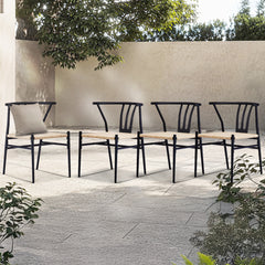 HAOYYE 4PCS Weave Dining Chairs Set Mid-Century Modern Metal Frame Rattan Chairs for Kitchen Dining Living Room Black and Wood Color Stylish Comfortable Seating