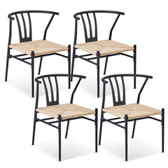 HAOYYE 4PCS Weave Dining Chairs Set Mid-Century Modern Metal Frame Rattan Chairs for Kitchen Dining Living Room Black and Wood Color Stylish Comfortable Seating