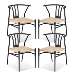 HAOYYE 4PCS Weave Dining Chairs Set Mid-Century Modern Metal Frame Rattan Chairs for Kitchen Dining Living Room Black and Wood Color Stylish Comfortable Seating