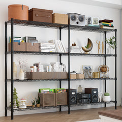 HAOYYE 4-Tier Double Row Iron Display Rack with Freely Adjustable Shelf Height and Adjustable Feet, Powder-Coated Black Metal Storage Organizer Shelf for Living Room Kitchen or Retail Display