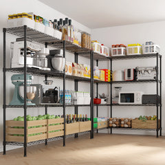 HAOYYE 4-Tier Double Row Iron Display Rack with Freely Adjustable Shelf Height and Adjustable Feet, Powder-Coated Black Metal Storage Organizer Shelf for Living Room Kitchen or Retail Display