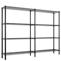 HAOYYE 4-Tier Double Row Iron Display Rack with Freely Adjustable Shelf Height and Adjustable Feet, Powder-Coated Black Metal Storage Organizer Shelf for Living Room Kitchen or Retail Display