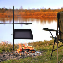 HAOYYE Black Swivel Campfire Grill and Skillet Combo with Adjustable Height Grill Grate, Heavy Duty Portable Camping Grill with Grill Pan and Carry Bag, Ideal for Open Fire Outdoor Cooking