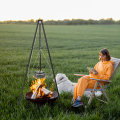 HAOYYE Black Campfire Tripod Grill, Adjustable Height BBQ Grill Grate for Open Fire Cooking, Portable Firepit Cooking Rack for Outdoor Camping, Backyard Barbecue, and Picnic