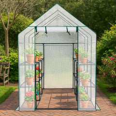 HAOYYE White Large Walk-in Greenhouse with Durable PE Cover and Roll-Up Door 12 Shelves Portable Plant Tent with Side Windows for Indoor Outdoor Gardening Patio Balcony Garden Backyard Use