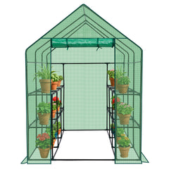 HAOYYE Green Large Walk-in Greenhouse with PE Cover and Side Windows Indoor Outdoor Portable Gardening Structure with 12 Shelves for Backyard Garden Patio Plants