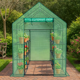 HAOYYE Green Large Walk-in Greenhouse with PE Cover and Side Windows Indoor Outdoor Portable Gardening Structure with 12 Shelves for Backyard Garden Patio Plants