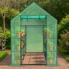 HAOYYE Green Large Walk-in Greenhouse with PE Cover and Side Windows Indoor Outdoor Portable Gardening Structure with 12 Shelves for Backyard Garden Patio Plants