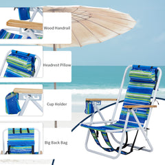 HAOYYE Blue and Green Striped Folding Beach Chair with 4-Position Recline, Portable Backpack Design, Wooden Armrests, Headrest and Cup Holder, Foldable Lightweight Chair for Outdoor Camping, Patio, or Beach Relaxing