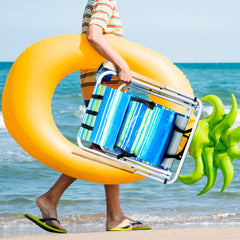 HAOYYE Blue and Green Striped Folding Beach Chair with 4-Position Recline, Portable Backpack Design, Wooden Armrests, Headrest and Cup Holder, Foldable Lightweight Chair for Outdoor Camping, Patio, or Beach Relaxing