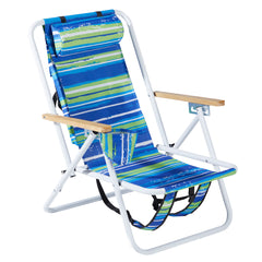 HAOYYE Blue and Green Striped Folding Beach Chair with 4-Position Recline, Portable Backpack Design, Wooden Armrests, Headrest and Cup Holder, Foldable Lightweight Chair for Outdoor Camping, Patio, or Beach Relaxing