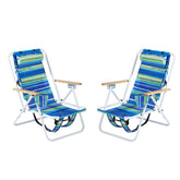 HAOYYE 2PCS Folding Beach Chair for Adults with 4 Position Adjustable Recline, Portable Backpack Design, Wooden Armrests, Headrest and Cup Holder, Blue and Green Striped Chairs for Camping and Outdoor