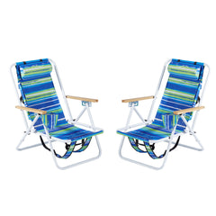 HAOYYE 2PCS Folding Beach Chair for Adults with 4 Position Adjustable Recline, Portable Backpack Design, Wooden Armrests, Headrest and Cup Holder, Blue and Green Striped Chairs for Camping and Outdoor