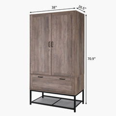 HAOYYE Retro Gray Embossed Particle Board Wardrobe with Iron Shelf, Featuring Two Doors and One Drawer, Stylish and Durable Storage Cabinet for Bedroom or Living Room Organization
