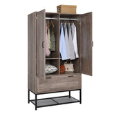 HAOYYE Retro Gray Embossed Particle Board Wardrobe with Iron Shelf, Featuring Two Doors and One Drawer, Stylish and Durable Storage Cabinet for Bedroom or Living Room Organization
