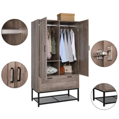 HAOYYE Retro Gray Embossed Particle Board Wardrobe with Iron Shelf, Featuring Two Doors and One Drawer, Stylish and Durable Storage Cabinet for Bedroom or Living Room Organization