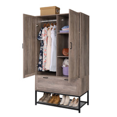 HAOYYE Retro Gray Embossed Particle Board Wardrobe with Iron Shelf, Featuring Two Doors and One Drawer, Stylish and Durable Storage Cabinet for Bedroom or Living Room Organization