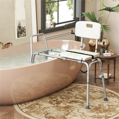 HAOYYE White Ultra Wide Bathroom Seat With 9-Level Adjustable Height Sliding Tub Transfer Bench Safety Handrail And Belt For Seniors Disabled Pregnant Women Post Surgery Rustproof Aluminum Frame Non-Slip Suction Cups