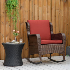 HAOYYE Brown Rattan Outdoor Rocking Chair with Wine Red Cushions, PE Wicker and Steel Frame Lounge Chair with Thick Padded Washable Cushions and Wide Armrests, Ideal for Patio Porch Garden and Backyard Relaxing Seating