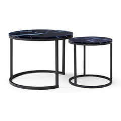 HAOYYE Set of 2 Round Nesting Coffee Tables with Black Marble Pattern Top and Metal Frame, Modern Industrial Circular Side Tables for Living Room Bedroom Apartment or Office Use