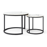 HAOYYE Set of 2 Round Nesting Coffee Tables with White and Gray Marble Pattern Tops and Black Metal Frame, Modern Industrial Accent Side Tables for Living Room Bedroom Apartment Office or Small Spaces